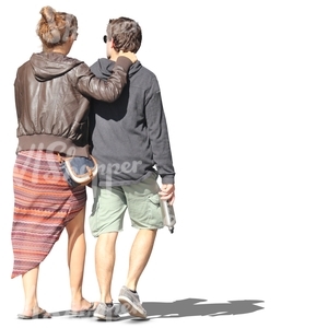 man and woman walking and holding each other