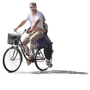 man riding a bike with a woman on the rack