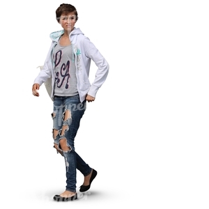 woman in ragged jeans walking