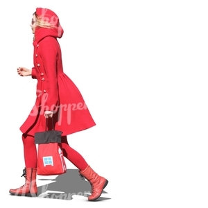 woman in a red costume walking