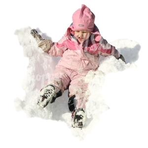 young girl in a pink costume having fun in the snow