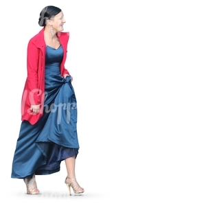 woman in a blue evening dress walking