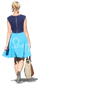 woman in a blue dress walking seen from behind