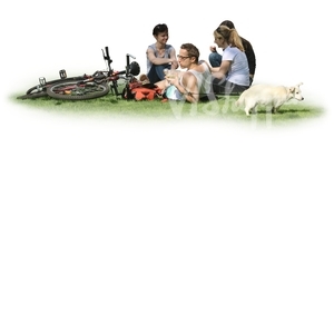 group of four people with bicycles and a dog having a picnic