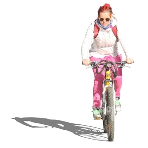 girl with pinkish hair riding a bicycle