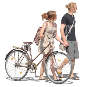 couple with a bicycle and holding hands