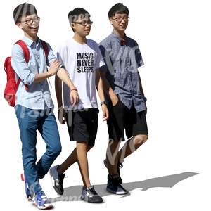 three asian boys smiling and walking