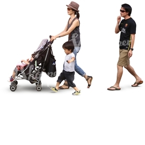 asian family with two children walking 