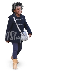 smiling black girl in a blue autumn coat