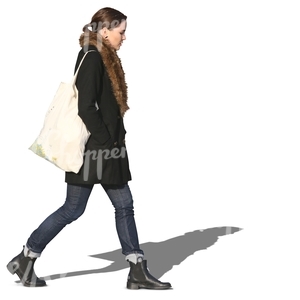 walking woman in a black fur collar coat