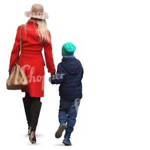 mother in a red coat walking hand in hand with her son