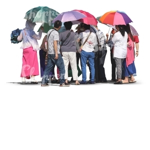 group of asian people with parasols standing together