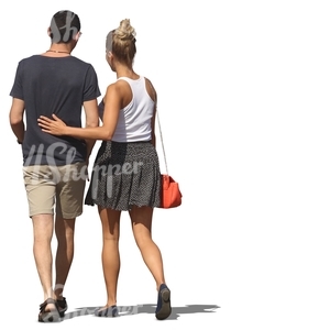 man and woman walking with womans arm around him