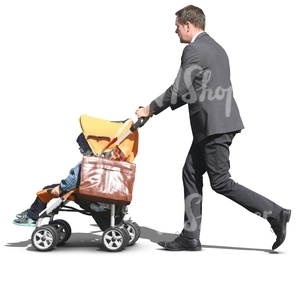 man in a suit pushing a baby carriage