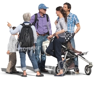 group of five people standing and talking