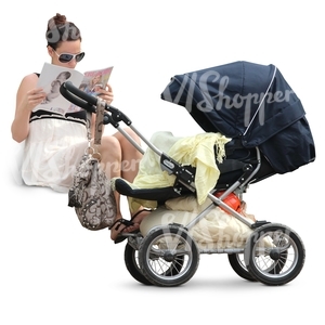 woman sitting next to a baby stroller