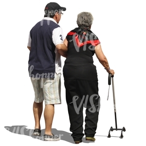 man helping a woman with a walking stick