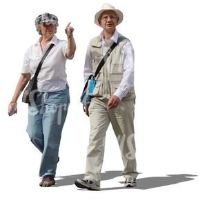 elderly man and woman walking and pointing at smth