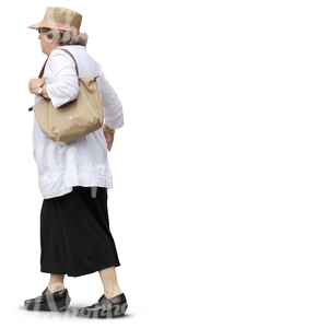 elderly woman with a hat walking