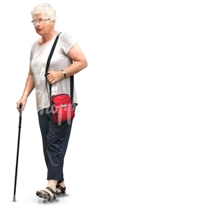 elderly woman walking with a walking stick