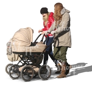 two women with baby carriages walking together