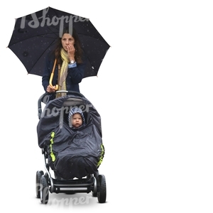 woman with an umbrella and a baby carriage walking in the rain