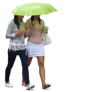 two women with an umbrella walking and drinking coffee