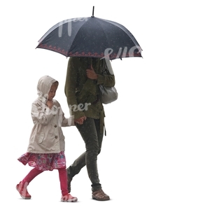 mother and daughter walking in the rain