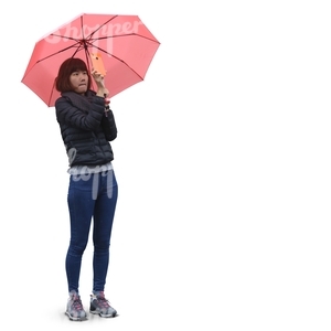 asian woman with an umbrella taking a picture with a phone