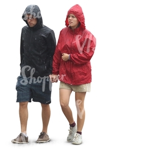 couple in raincoats walking hand in hand in the rain