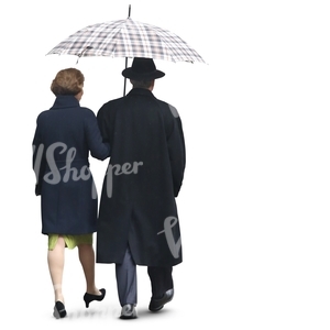 elderly couple walking in the rain under un umbrella