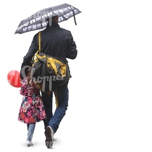 father and daughter with an umbrella and a balloon walking in the rain