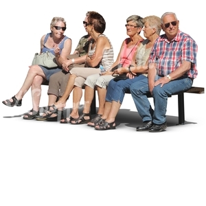 six eldery people sitting in a row on a bench