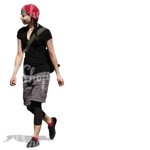 cut out woman with a red hat walking