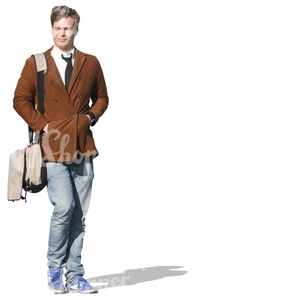 cut out man with a brown jacket walking 