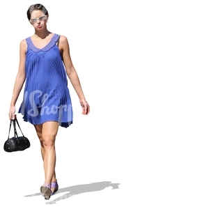 cut out woman in a blue dress waking