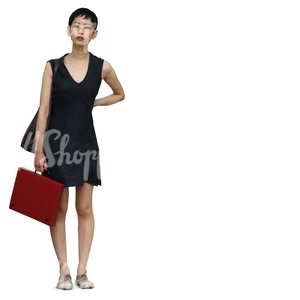 asian woman in a black mini dress standing