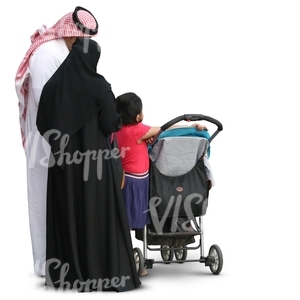 muslim family standing by a baby stroller