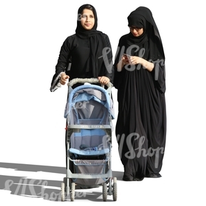 two arab women pushing a baby stroller