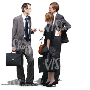 two businessmen and a woman standing and talking