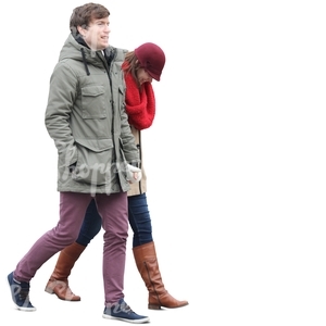 couple in winter coats walking hand in hand