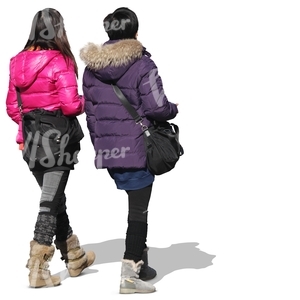 two asian women in winter coats seen from behind