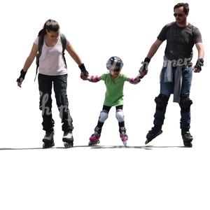 mother father and a child roller skating hand in hand