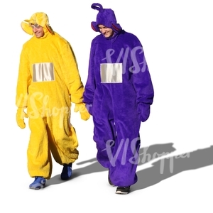 two men dressed as teletubbies walking