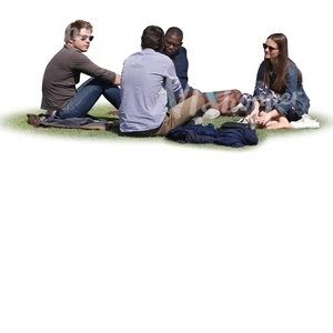 four people sitting on the grass