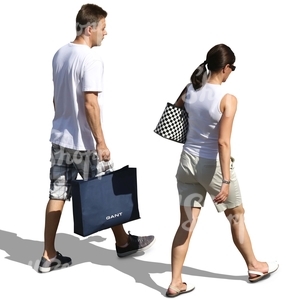 man and woman in light summer clothing walking