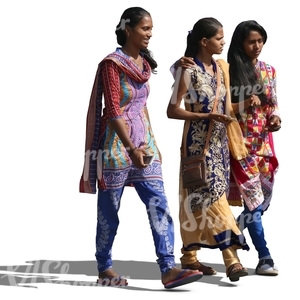 three young hindu women wearing traditional indian clothes walking and talking