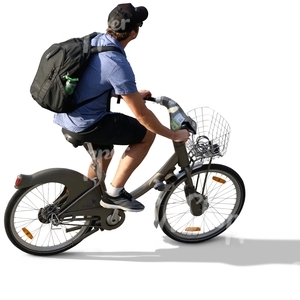man with a backpack riding a bike