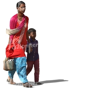 indian woman walking hand in hand with her son