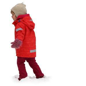 girl in a red winter jacket walking in the snow